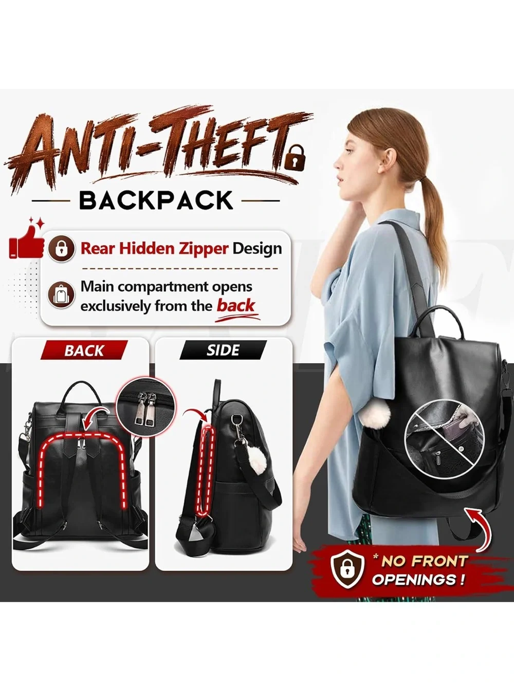Stylish Black Women's Faux Leather Backpack with Pom Charm